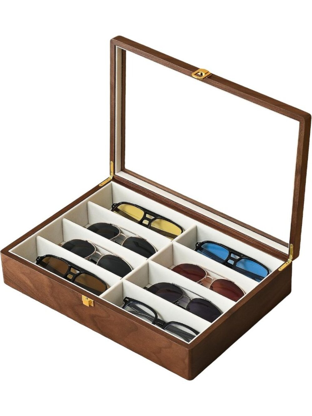 Stylish Black Walnut Sunglasses Organizer Box - 8 Slot Wooden Eyeglass Case for